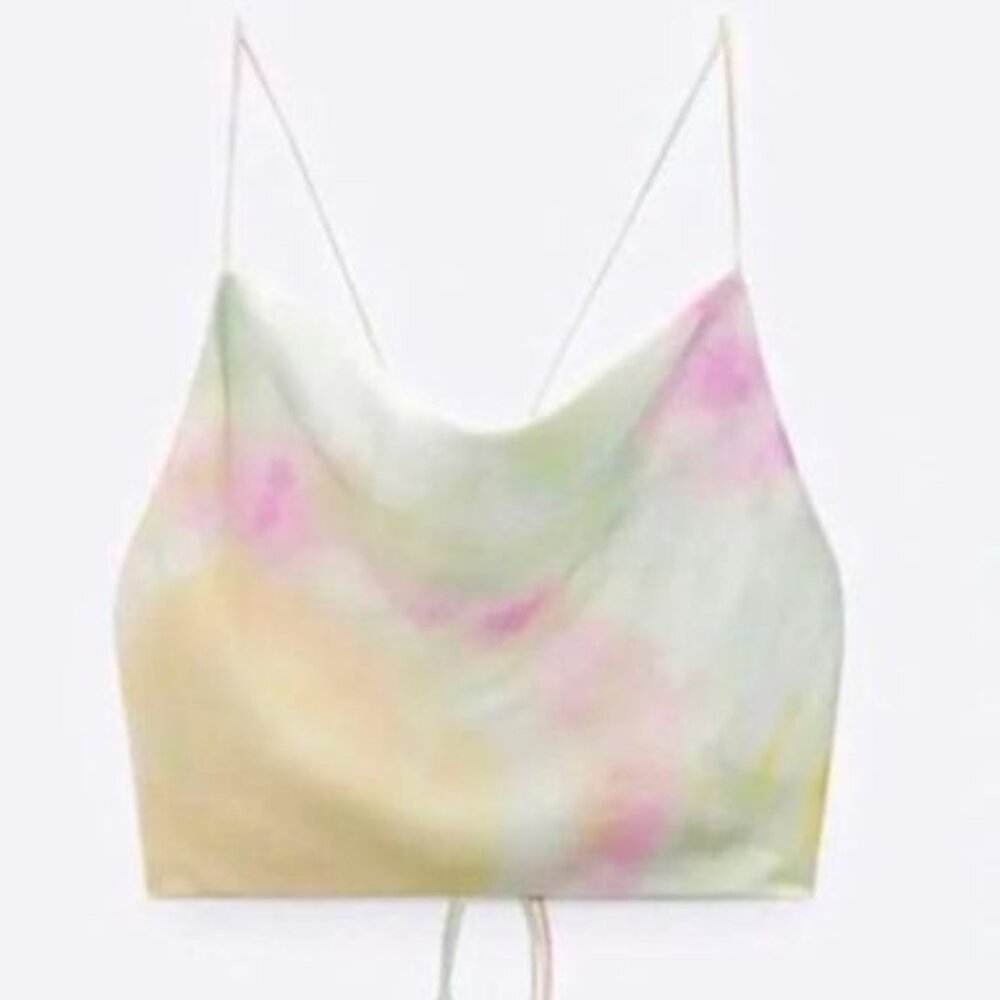 Zara Satin Tie Dye Cowl Neck Lace Up Back Crop Top